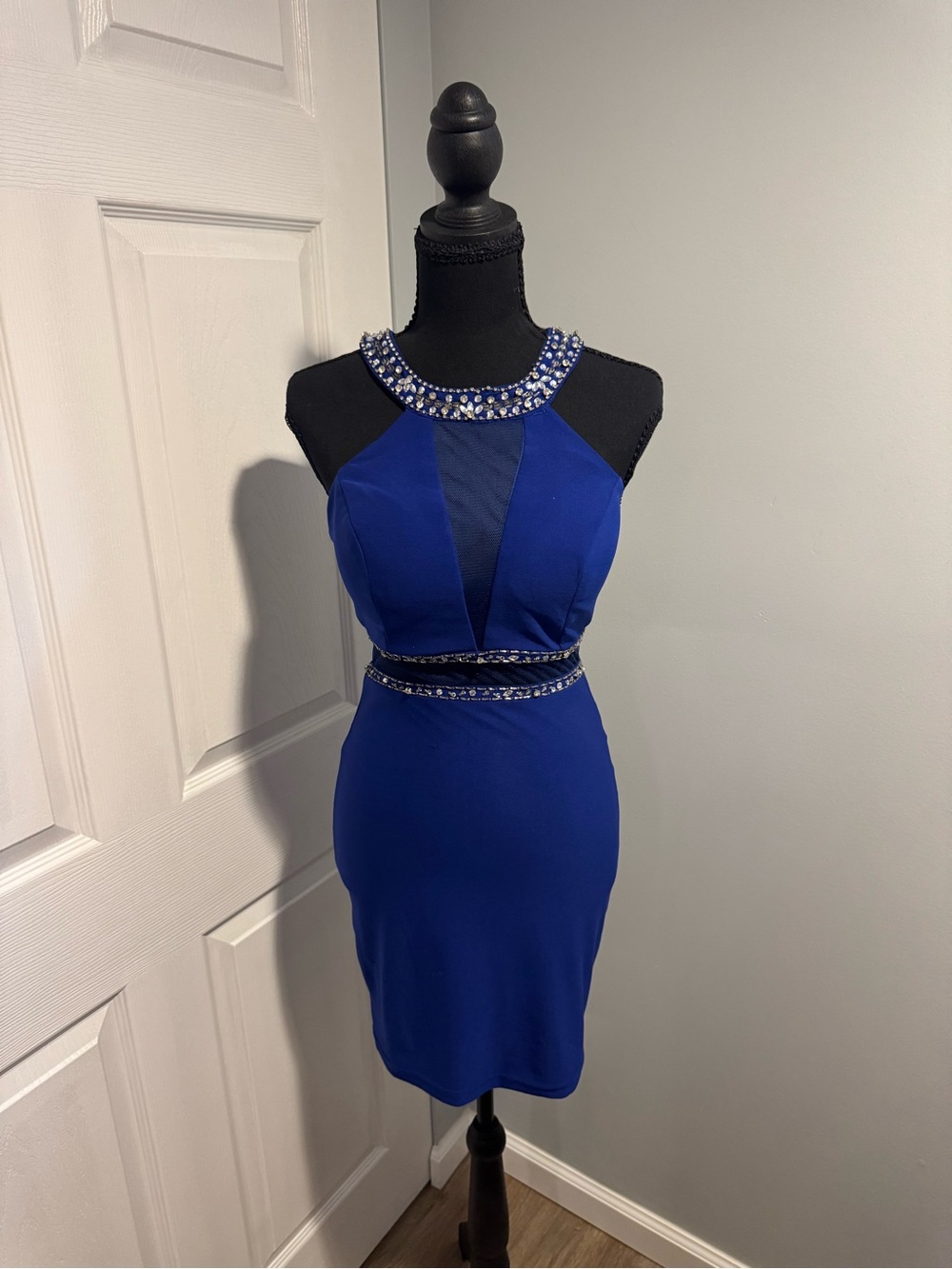 Beaded Halter Mini Dress in Royal Blue